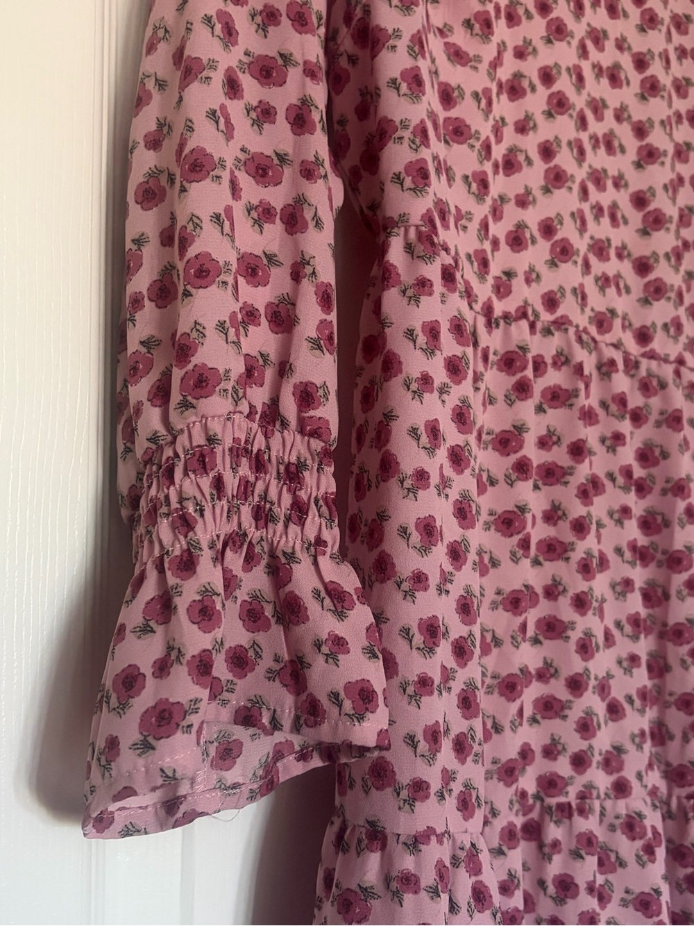 Sweet Storm Pink Floral Long-Sleeve Ruffled Neck Dress